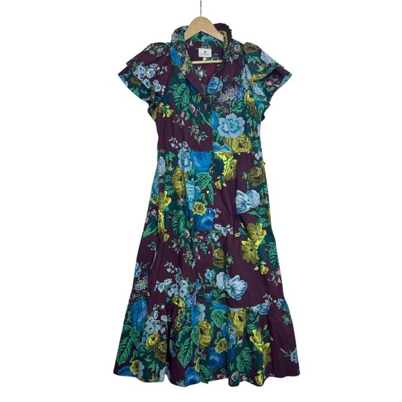 NWT Tuckernuck Alice Dress Merlot Sharp Floral Midi Dress Sz S Ruffles Cottage - Picture 2 of 13